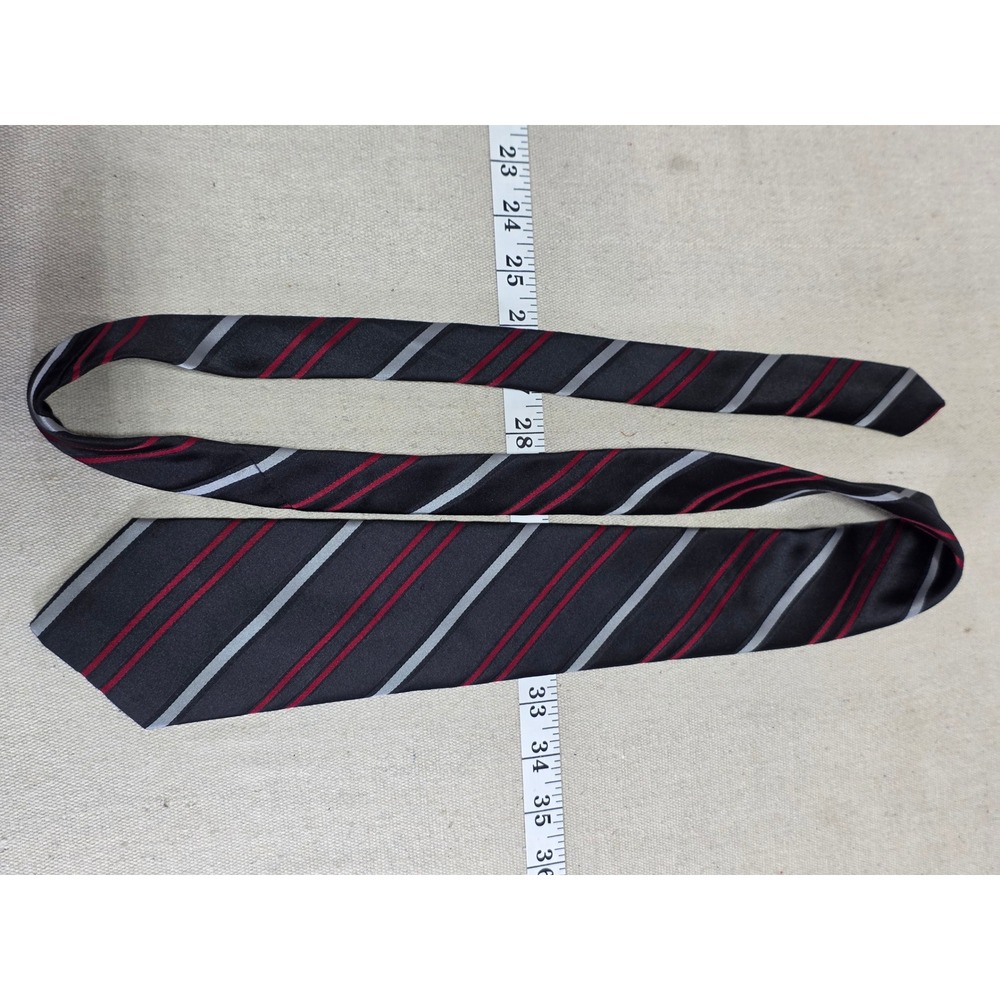 John Henry Mens Necktie Black Red Silver Grey Diagonal Striped Silk Blend Tie
